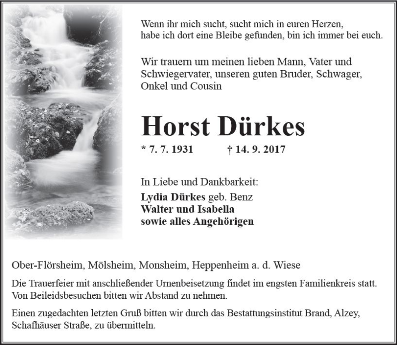  Traueranzeige für Horst Dürkes vom 16.09.2017 aus Trauerportal Rhein Main Presse