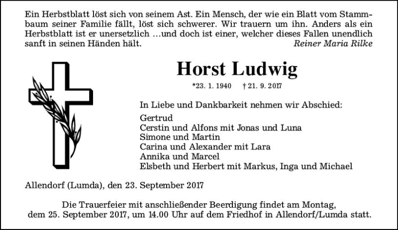  Traueranzeige für Horst Ludwig vom 23.09.2017 aus  Gießener Anzeiger