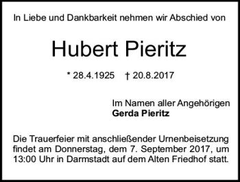 Traueranzeige von Hubert Pieritz von Trauerportal Echo Online