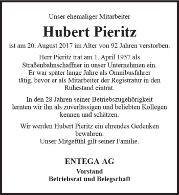 Traueranzeige von Hubert Pieritz von Trauerportal Echo Online