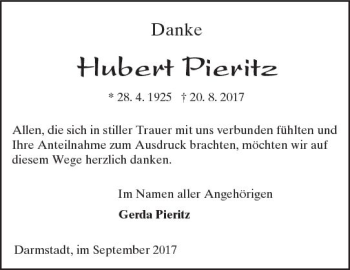 Traueranzeige von Hubert Pieritz von Trauerportal Echo Online