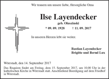 Traueranzeige von Ilse Layendecker von Trauerportal Rhein Main Presse