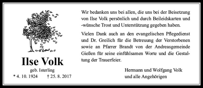  Traueranzeige für Ilse Volk vom 16.09.2017 aus  Gießener Anzeiger