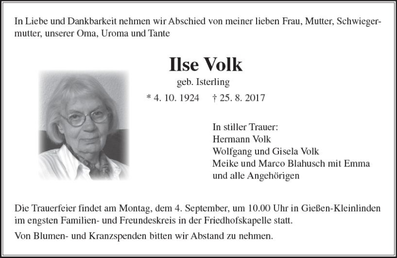  Traueranzeige für Ilse Volk vom 01.09.2017 aus  Gießener Anzeiger