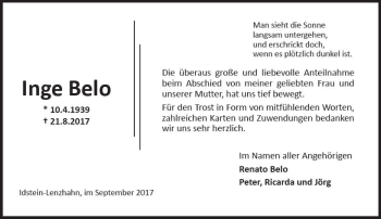 Traueranzeige von Inge Belo von Trauerportal Rhein Main Presse