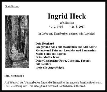 Traueranzeige von Ingrid Heck von VRM Trauer