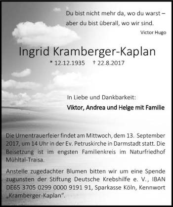 Traueranzeige von Ingrid Kramberger-Kaplan von Trauerportal Echo Online