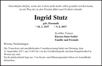 Traueranzeige von Ingrid Stutz von Trauerportal Rhein Main Presse