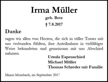 Traueranzeige von Irma Müller von Trauerportal Rhein Main Presse