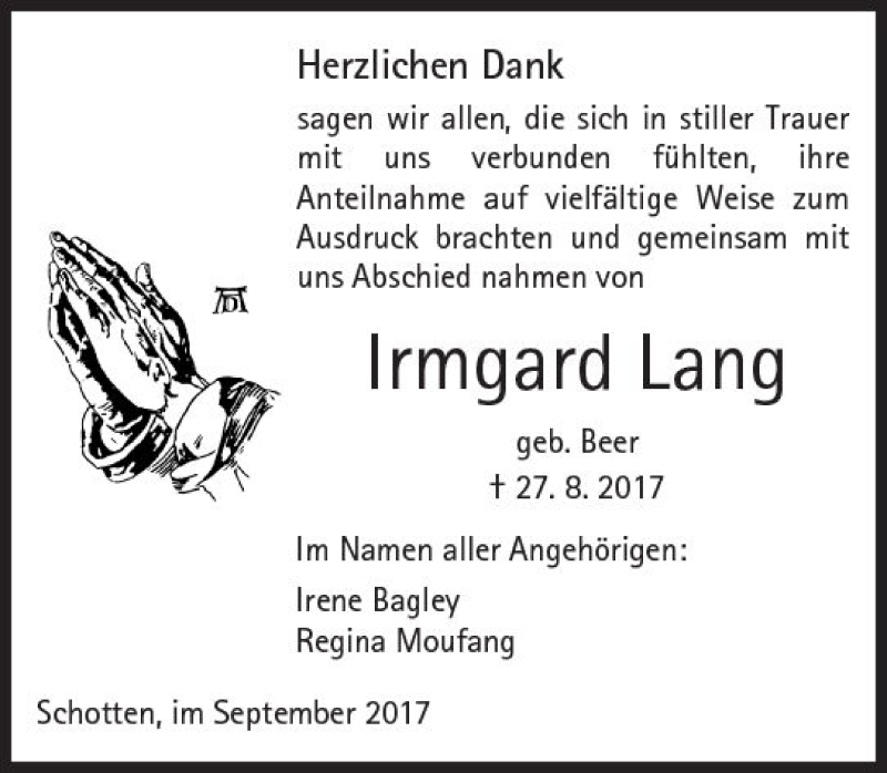  Traueranzeige für Irmgard Lang vom 23.09.2017 aus  Kreisanzeiger