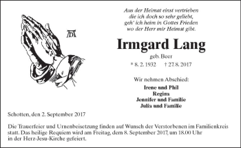 Traueranzeige von Irmgard Lang von  Kreisanzeiger