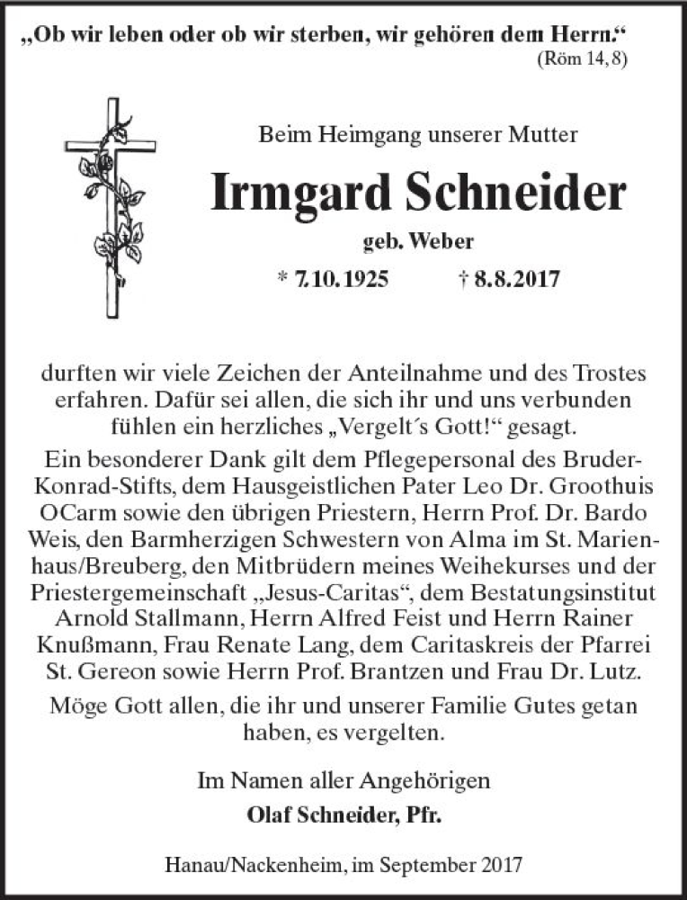  Traueranzeige für Irmgard Schneider vom 23.09.2017 aus Trauerportal Rhein Main Presse