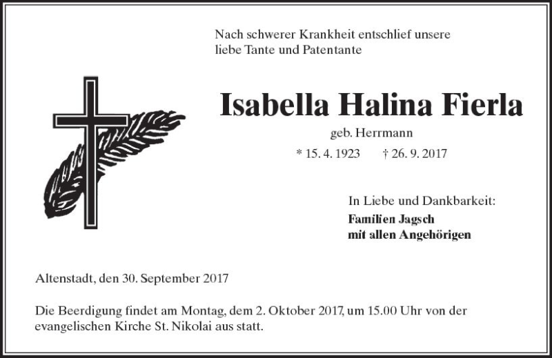  Traueranzeige für Isabella Halina Fierla vom 30.09.2017 aus  Kreisanzeiger
