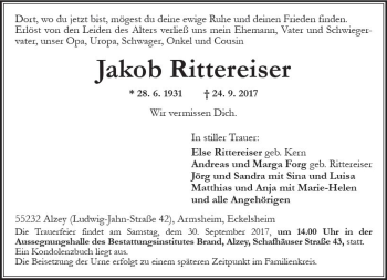 Traueranzeige von Jakob Rittereiser von Trauerportal Rhein Main Presse