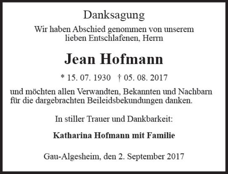  Traueranzeige für Jean Hofmann vom 02.09.2017 aus Trauerportal Rhein Main Presse