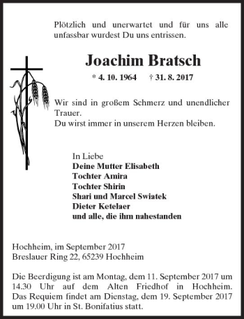 Traueranzeige von Joachim Bratsch von Trauerportal Rhein Main Presse