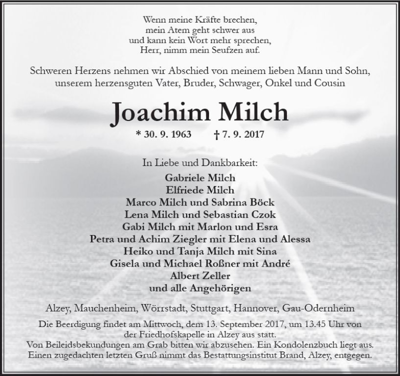  Traueranzeige für Joachim Milch vom 08.09.2017 aus Trauerportal Rhein Main Presse