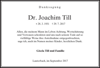 Traueranzeige von Joachim Till von VRM Trauer