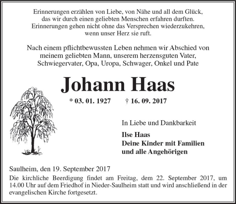  Traueranzeige für Johann Haas vom 19.09.2017 aus Trauerportal Rhein Main Presse