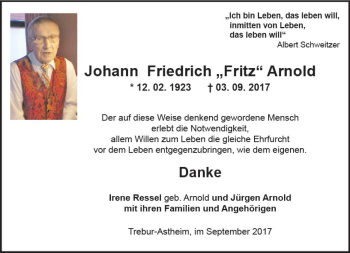 Traueranzeige von Johann Friedrich Arnold von Trauerportal Rhein Main Presse