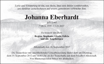 Traueranzeige von Johanna Eberhardt von  Kreisanzeiger