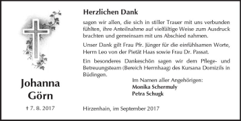 Traueranzeige von Johanna Görn von  Kreisanzeiger