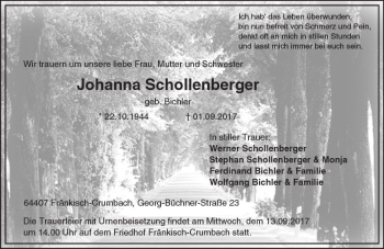 Traueranzeige von Johanna Schollenberger von Trauerportal Echo Online