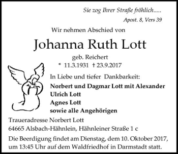Traueranzeige von Johanna Ruth Lott von Trauerportal Echo Online