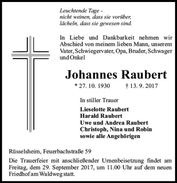 Traueranzeige von Johannes Raubert von Trauerportal Rhein Main Presse