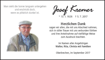 Traueranzeige von Josef Kremer von  Camberger Anzeiger