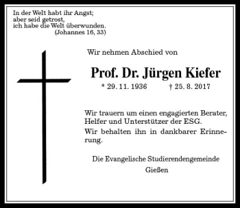 Traueranzeige von Jürgen Kiefer von  Gießener Anzeiger