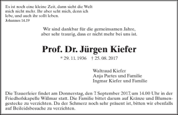 Traueranzeige von Jürgen Kiefer von  Gießener Anzeiger