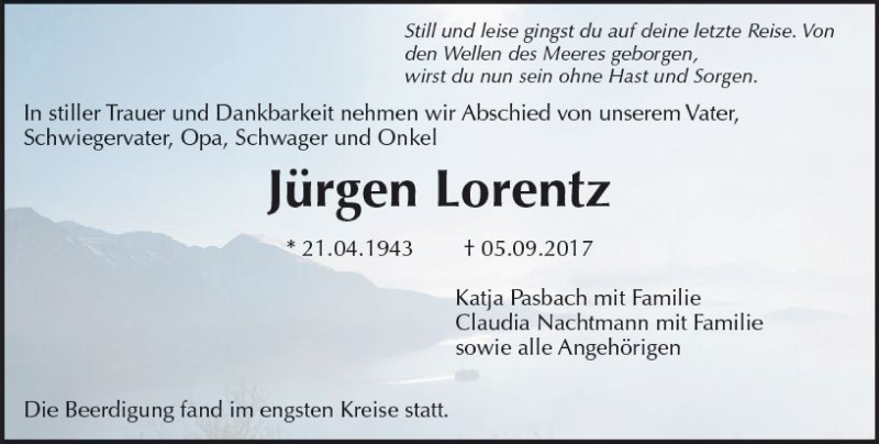  Traueranzeige für Jürgen Loren vom 23.09.2017 aus Trauerportal Echo Online
