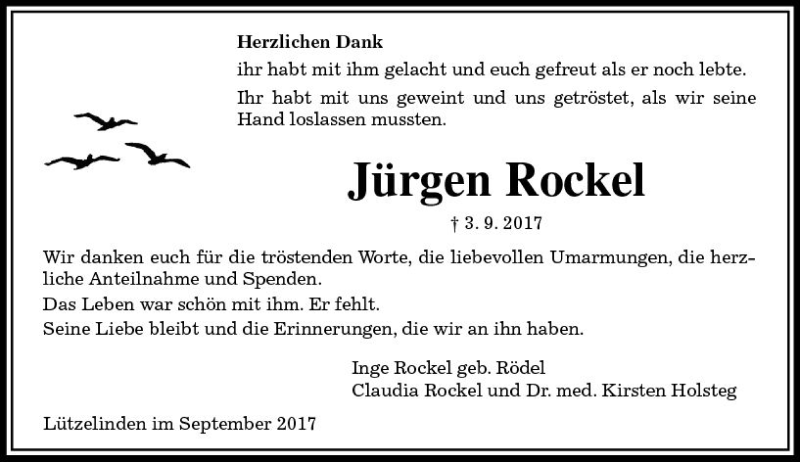 Traueranzeige für Jürgen Rockel vom 30.09.2017 aus  Gießener Anzeiger