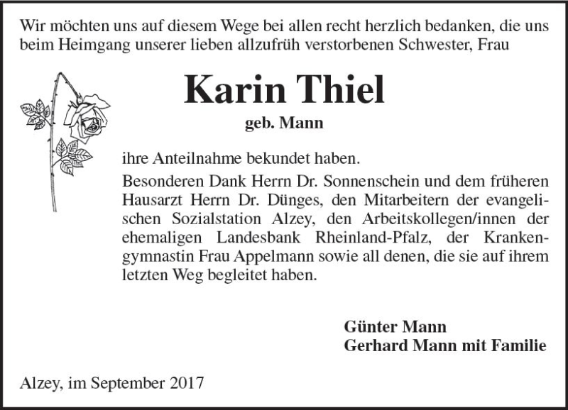  Traueranzeige für Karin Thiel vom 09.09.2017 aus Trauerportal Rhein Main Presse