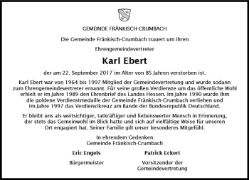 Traueranzeige von Karl Ebert von Trauerportal Echo Online