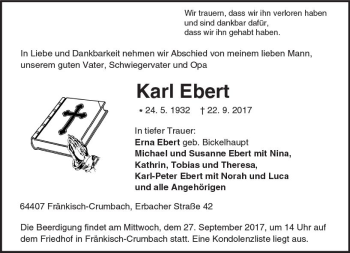 Traueranzeige von Karl Ebert von Trauerportal Echo Online