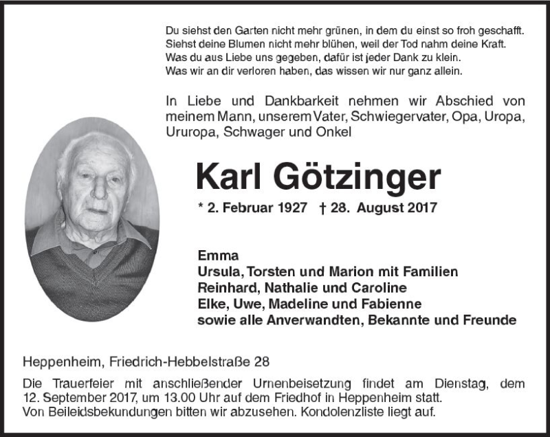  Traueranzeige für Karl Götzinger vom 06.09.2017 aus Trauerportal Echo Online