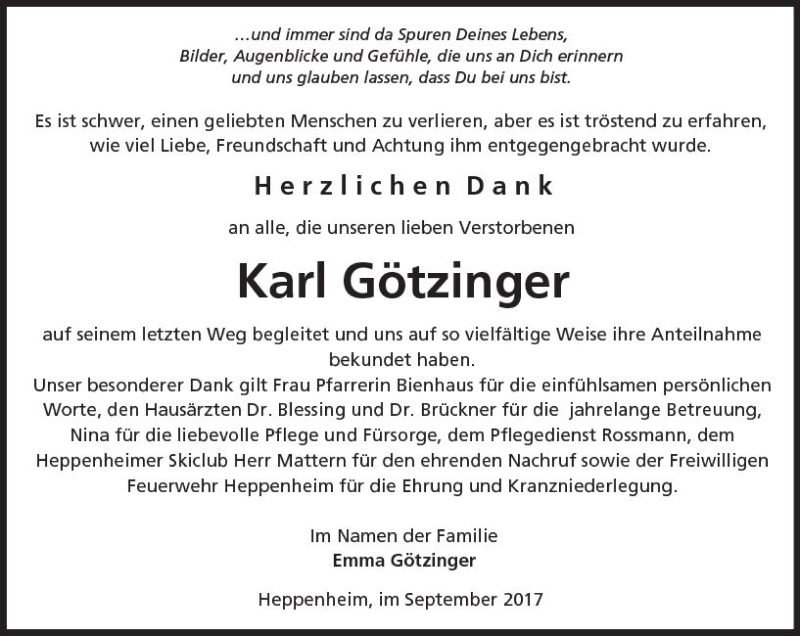  Traueranzeige für Karl Götzinger vom 30.09.2017 aus Trauerportal Echo Online