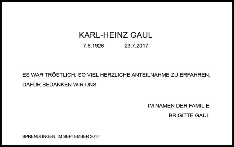  Traueranzeige für Karl-Heinz Gaul vom 19.09.2017 aus Trauerportal Rhein Main Presse