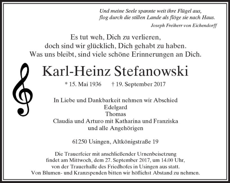  Traueranzeige für Karl-Heinz Stefanowski vom 23.09.2017 aus  Usinger Anzeiger