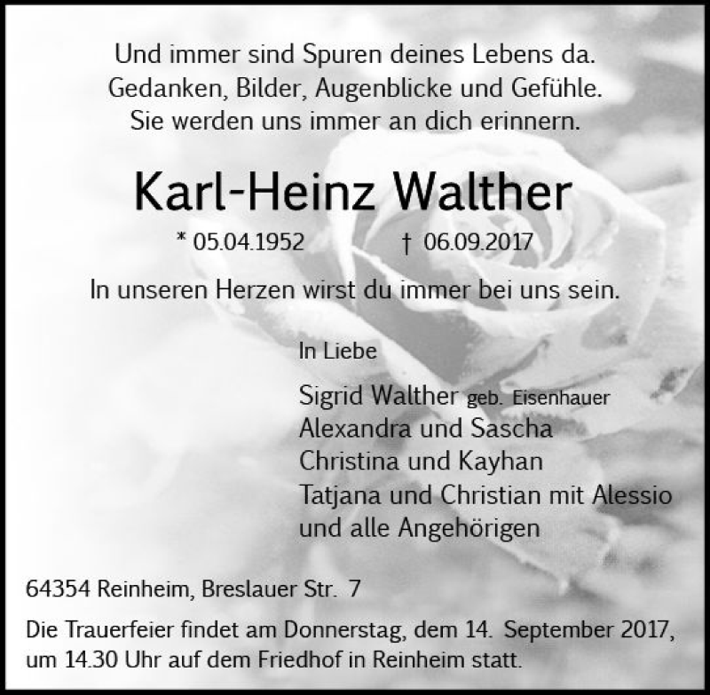  Traueranzeige für Karl-Heinz Walther vom 12.09.2017 aus Trauerportal Echo Online