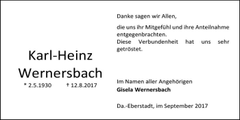 Traueranzeige von Karl-Heinz Wernersbach von Trauerportal Echo Online