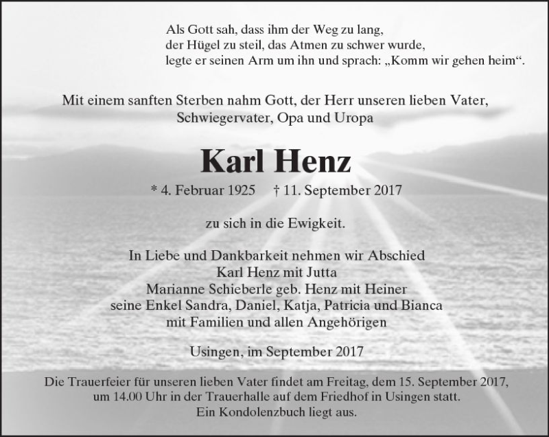  Traueranzeige für Karl Henz vom 13.09.2017 aus  Usinger Anzeiger