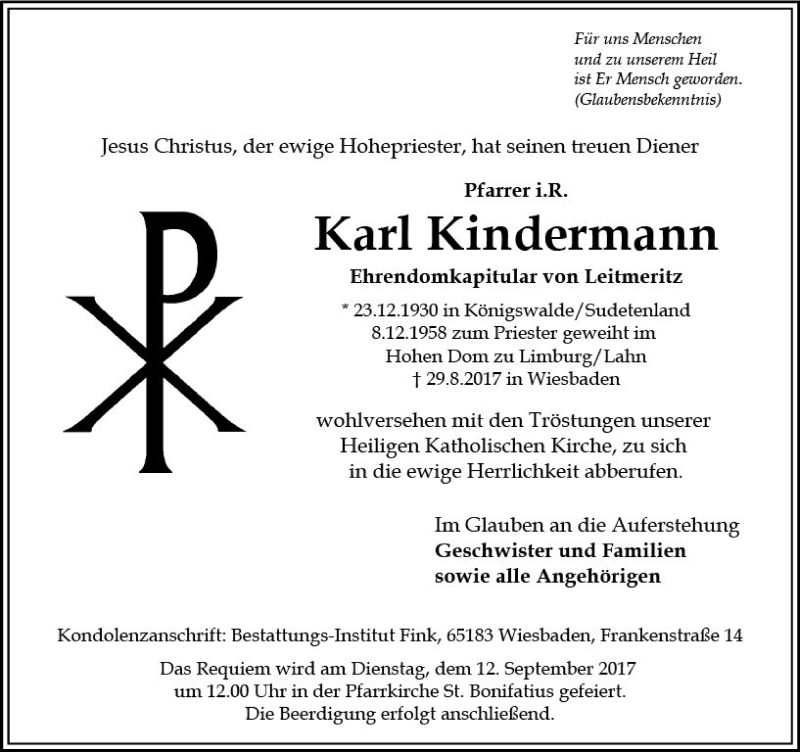  Traueranzeige für Karl Kindermann vom 06.09.2017 aus Trauerportal Rhein Main Presse