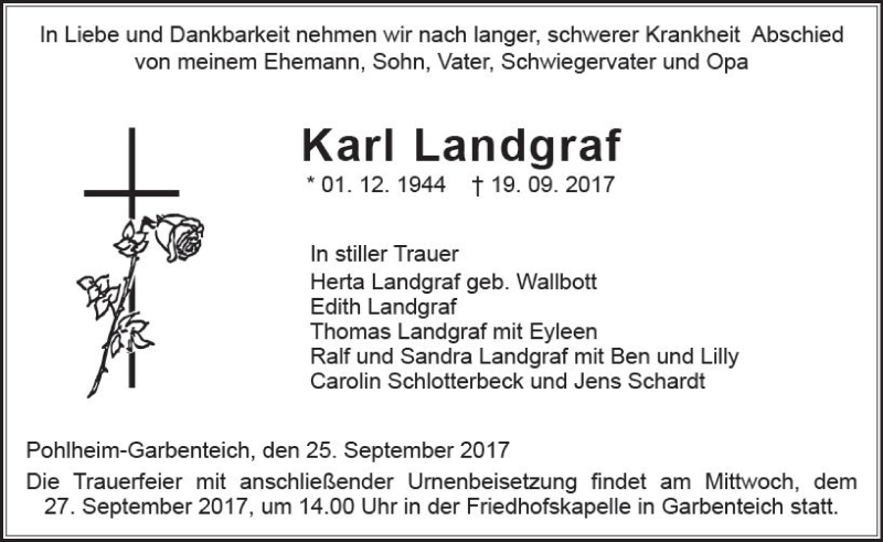  Traueranzeige für Karl Landgraf vom 25.09.2017 aus  Gießener Anzeiger