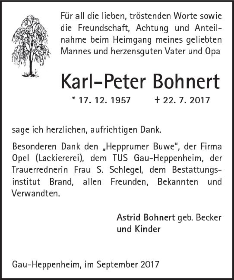  Traueranzeige für Karl-Peter Bohnert vom 09.09.2017 aus Trauerportal Rhein Main Presse