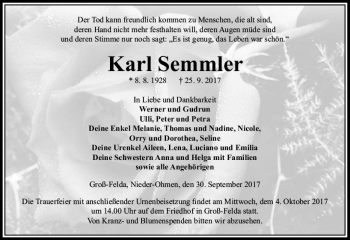 Traueranzeige von Karl Semmler von VRM Trauer