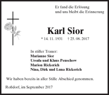 Traueranzeige von Karl Sior von Trauerportal Echo Online