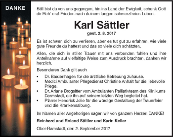 Traueranzeige von Karl Sättler von Trauerportal Echo Online